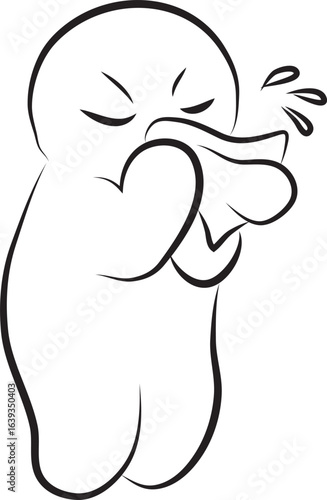 Funny man with a runny nose blows his nose into a handkerchief, hand drawn with a black brush with curved contours