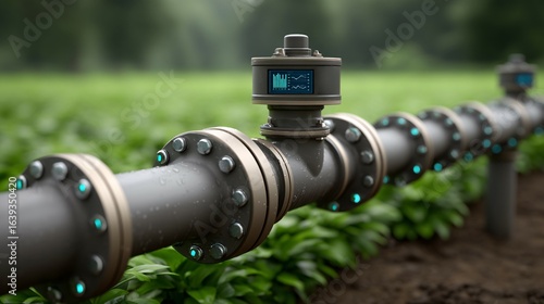 A modern irrigation system pipe with sensors, set against a backdrop of lush green crops, showcasing advanced agricultural technology and efficiency.