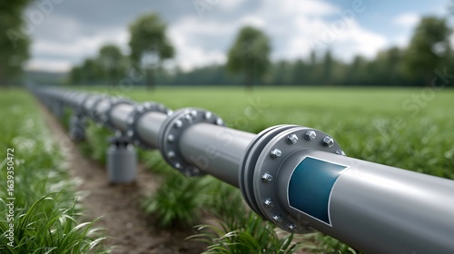 A detailed pipeline stretches through a green field, showcasing its metallic structure and connections amid a backdrop of trees and sky.