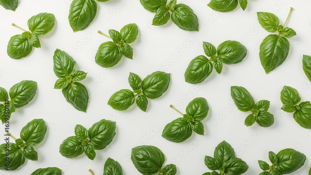 Fresh basil herb leaves airborne against a white background. Top-down view. Flat layout. Fresh basil herb leaves airborne against a white background. Top-down view. Flat layout.