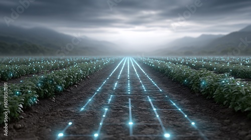 A futuristic farm landscape featuring digital pathways, symbolizing the integration of technology in agriculture amidst a cloudy backdrop.
