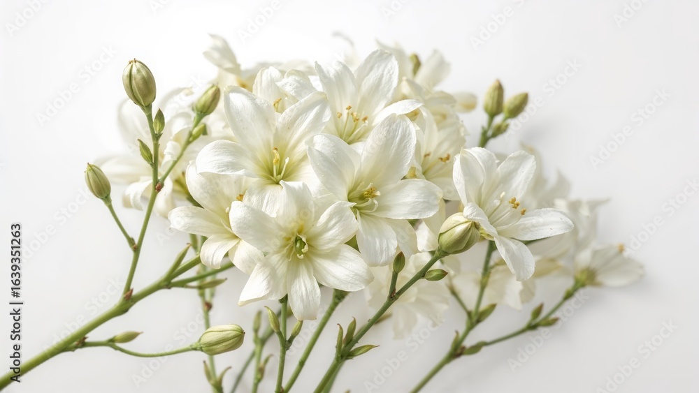 Obraz premium White freesias and their blossoms against a pale backdrop