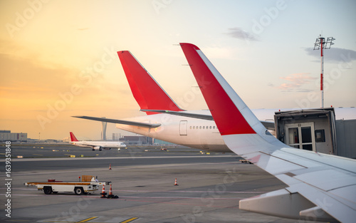 Photography Airplanes with red tails parked at Istanbul Airport during a beautiful sunset, capturing the essence of air travel, waiting for departure and adventure