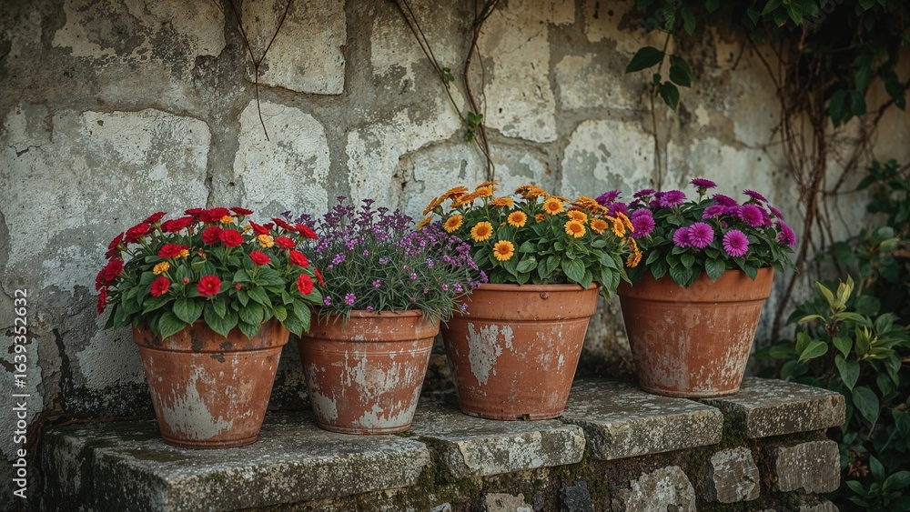 Naklejka premium Floral arrangements in pots set against an ancient stone facade