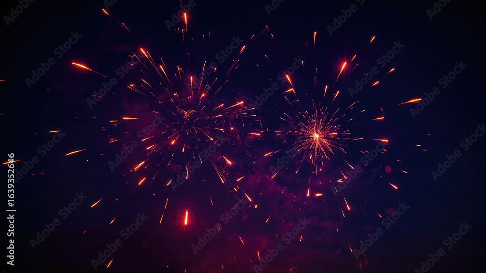 Fototapeta premium Nighttime scene with red and yellow fireworks sparks gently fading away. Quality photo