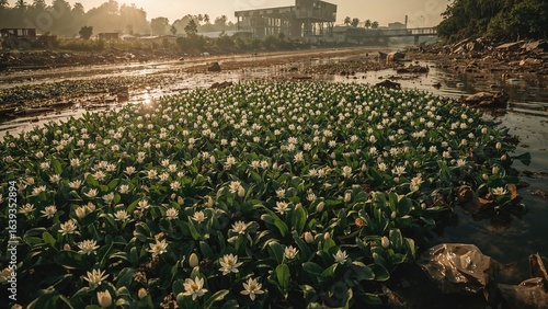 Wallpaper Mural River clogged with lush water hyacinth and litter, highlighting environmental contamination due to garbage dumping. Torontodigital.ca