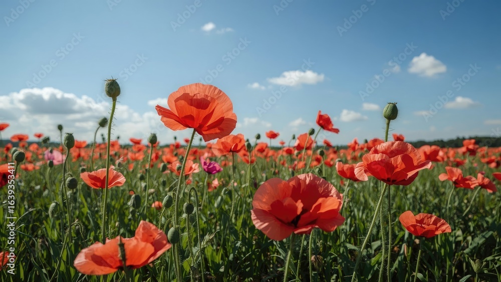 Naklejka premium Vibrant poppy flowers spreading across a sunny summer field