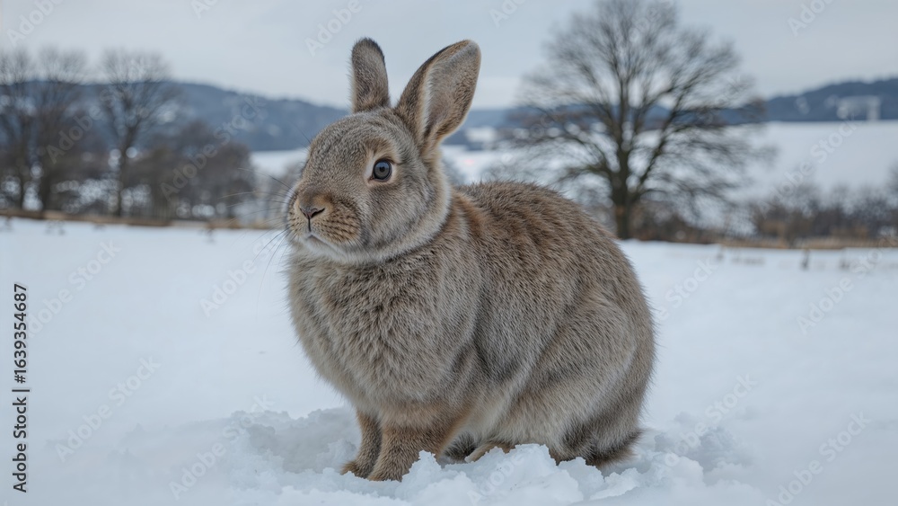 Naklejka premium Grey Home Rabbit Resting on Snow, Countryside Scene