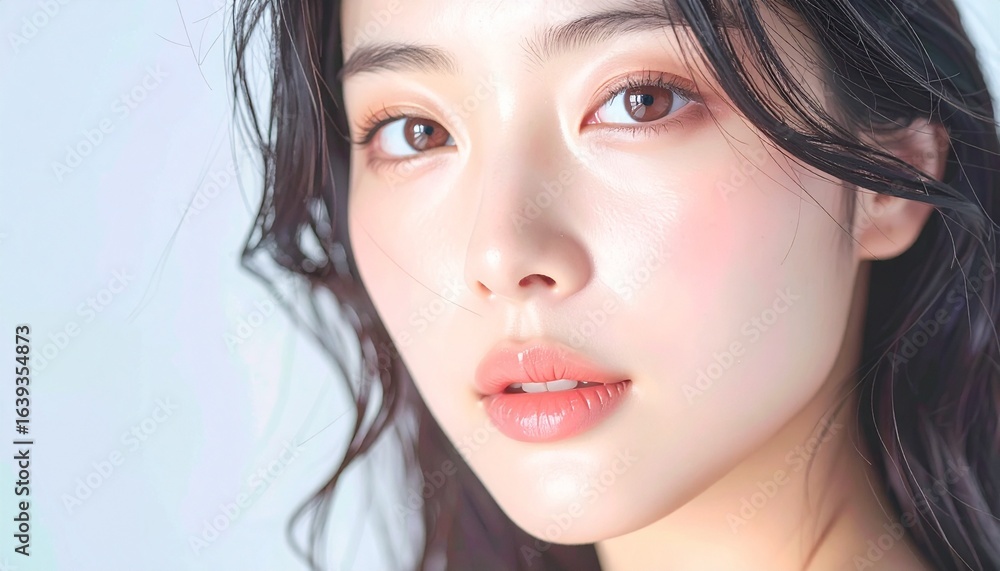 Obraz premium 日本人, 超リアル, 美しい若い女性, 長い黒髪, 自然なメイク, 白いキャミソール, 肌が輝くクローズアップ, 柔らかなライティング, 美容広告風, スタジオ背景（白）, 高解像度 Japanese, ultra-realistic, beautiful young woman, long black hair, natural makeup