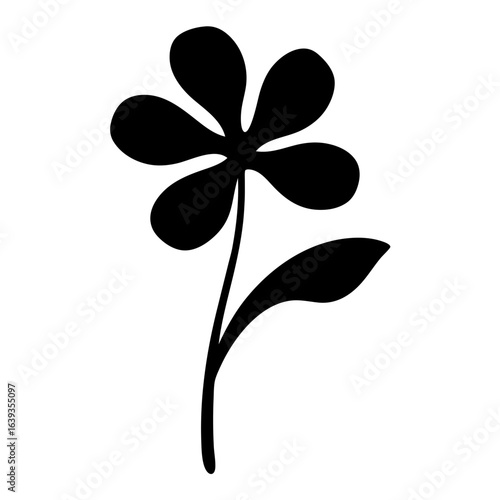 Minimalist black and white flower illustration with five petals and one leaf