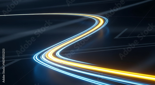 Winding digital highway with glowing light trails representing fast data transmission.