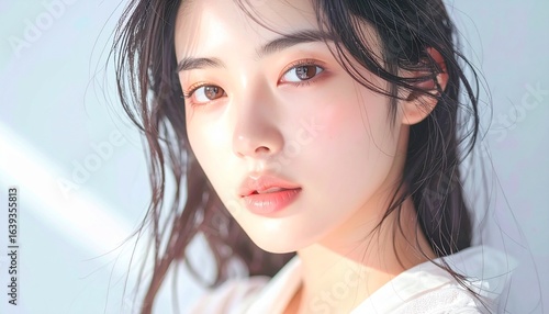 日本人, 清楚な若い女性, 横顔, ナチュラルな笑顔, 柔らかい光, 白背景, 透明感ある肌, 美容広告スタイル Japanese, modest young woman, side profile, natural smile, soft light, white background, translucent skin, beauty ad style