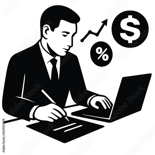 Businessman working on laptop with financial growth symbols isolated on white background