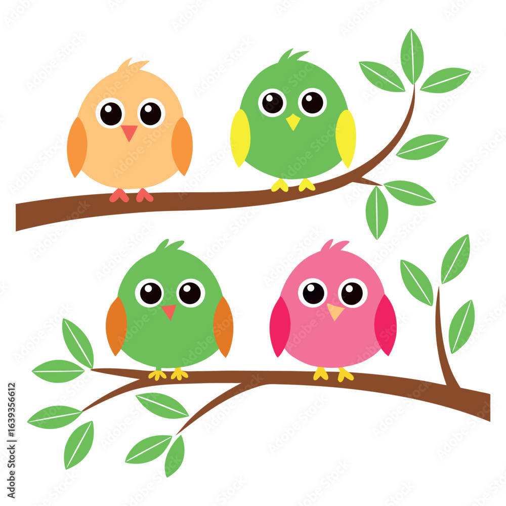 Obraz premium Four cute cartoon birds sitting on a branch isolated on white background
