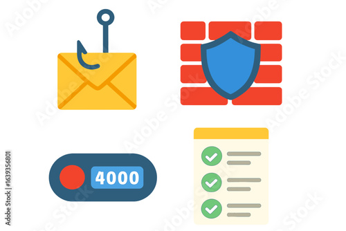 Awareness of cybersecurity threats with illustrations of phishing, firewalls, and security measures