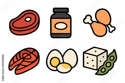 Assorted protein food items displayed, highlighting various types of meat and eggs for a balanced diet