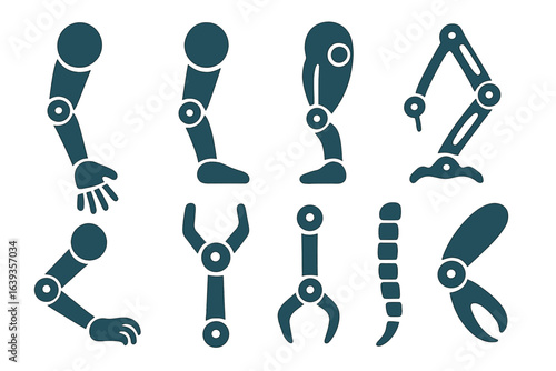 Various robotic arm designs showcasing different movements and functions in a futuristic setting