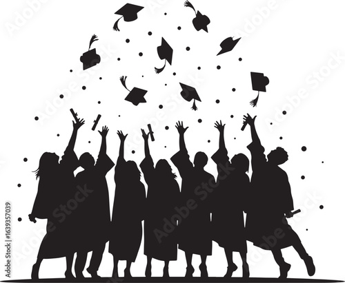 Silhouette of graduating class throwing caps in the air