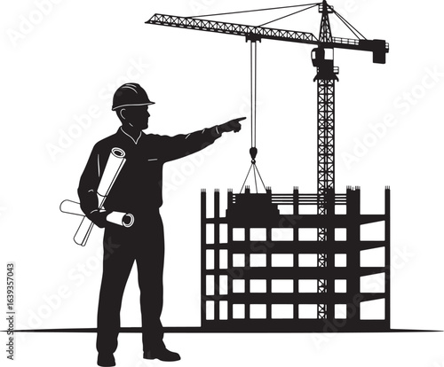 Silhouette of engineer with blueprints supervising construction crane and building