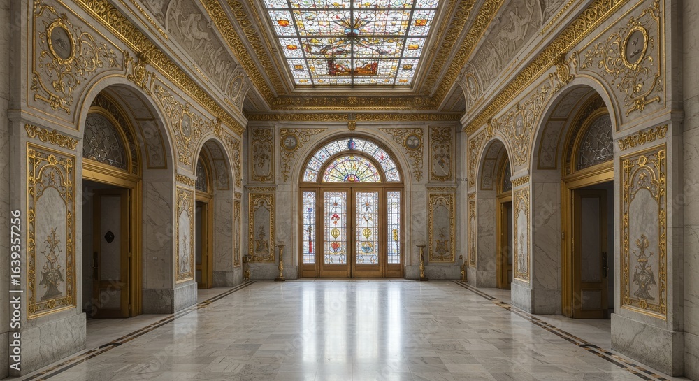 Obraz premium Ornate Hallway with Stained Glass Ceiling