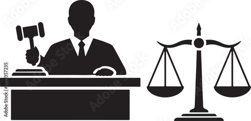 Judge with gavel and scales of justice icon