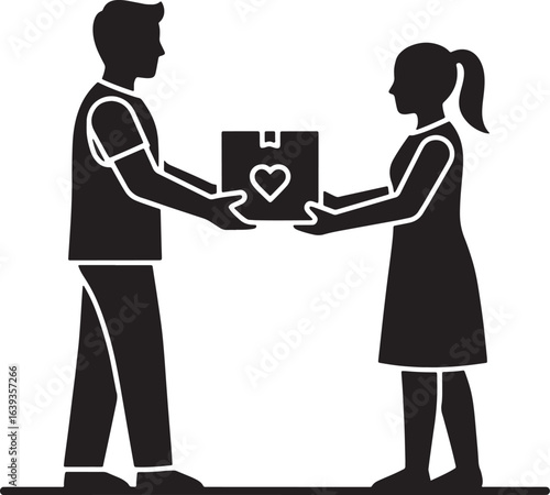 Man and woman exchanging a box with a heart, donation, volunteering, charity.