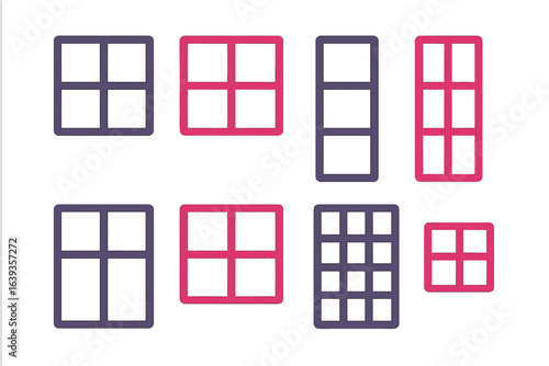 Colorful geometric window designs arranged in a grid pattern on a clean background for modern art concepts