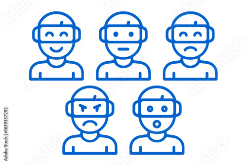 Variety of facial expressions displayed by individuals wearing virtual reality headsets in a playful context