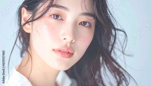 日本人, 清楚な若い女性, 横顔, ナチュラルな笑顔, 柔らかい光, 白背景, 透明感ある肌, 美容広告スタイル Japanese, modest young woman, side profile, natural smile, soft light, white background, translucent skin, beauty ad style