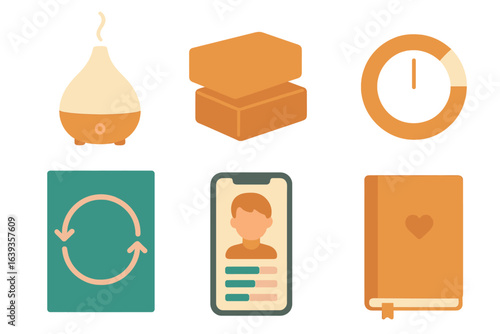 Various icons representing wellness and organization tools designed for a balanced lifestyle at home and work environments