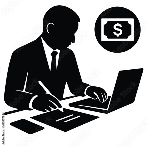 Businessman working on laptop with financial symbol and paperwork isolated on white background