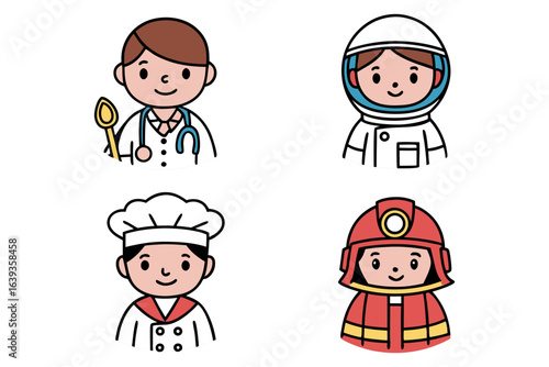 Four cartoon characters representing different professions isolated on white background