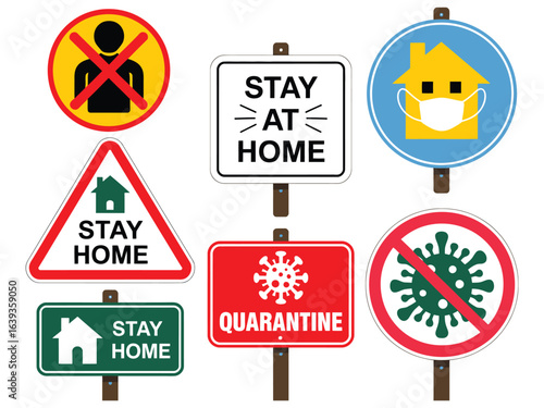 A collection of public health warning signs styled as traffic and street signs for quarantine and stay-at-home orders.