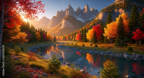 A serene autumn landscape with a tranquil river flowing through a vibrant mountain valley at sunrise.