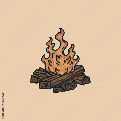Vintage Campfire Illustration with Burning Logs