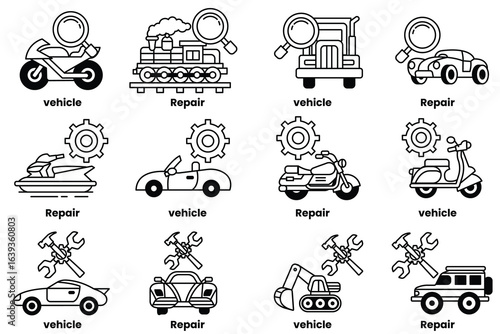 set of illustrations in the concept of vehicles and repairs in line art style