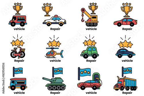 set of illustrations in the concept of vehicles and awards in a line style