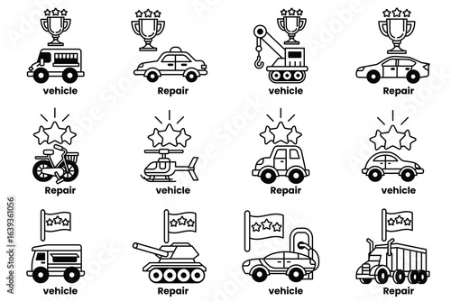 set of illustrations in the concept of vehicles and awards in a line style