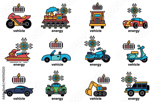 set of cartoon images of vehicles and energy sources