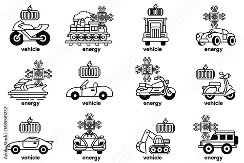 set of cartoon images of vehicles and energy sources