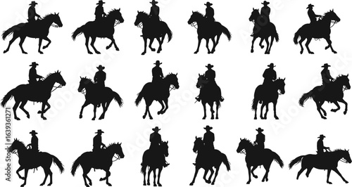 Set of cowboy on horse vector silhouettes, wild west rider, western theme, man riding horse, rodeo, black icon, isolated illustration.