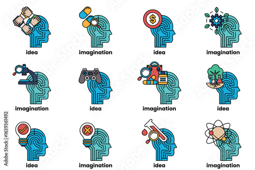 series of heads with various objects and words written on them