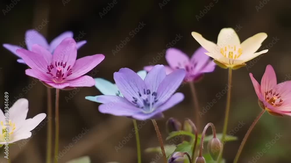 Colorful wildflowers blooming in a lush garden, showcasing vibrant petals against a blurred background Colorful wildflowers blooming in a lush garden, showcasing vibrant petals against a blurred background