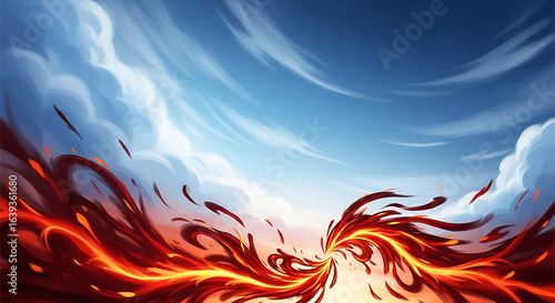 Abstract illustration of swirling fire against a dramatic cloudy sky