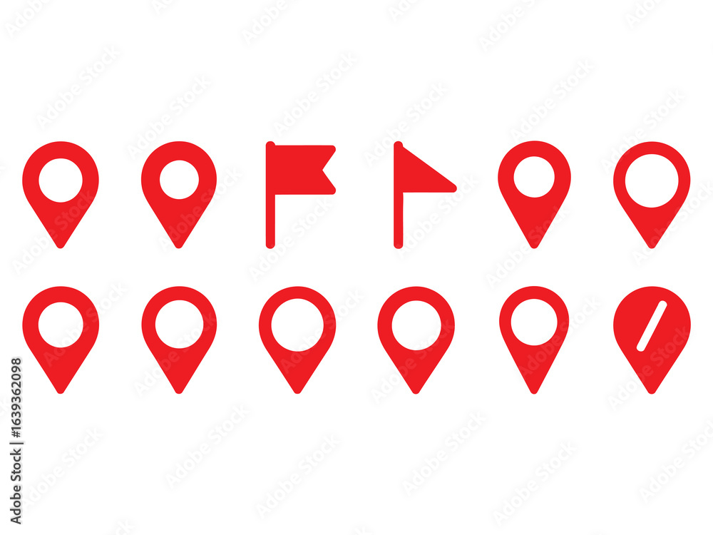 Fototapeta premium Red Location Marker and Flag Icon Set, Vector Illustrations for Navigation, Mapping, and GPS Design