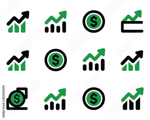 A set of 12 minimalist financial growth icons showing profit charts, rising arrows, and dollar coin symbols.