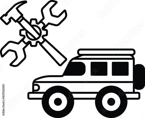 A car with a wrench and a hammer on it