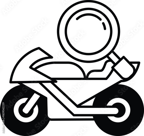 A black and white motorcycle with a magnifying glass on the handlebars