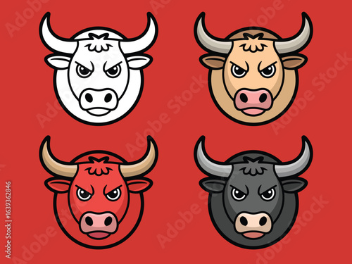 A collection of four cartoon bull head mascot illustrations, featuring angry bovine characters in various colors.