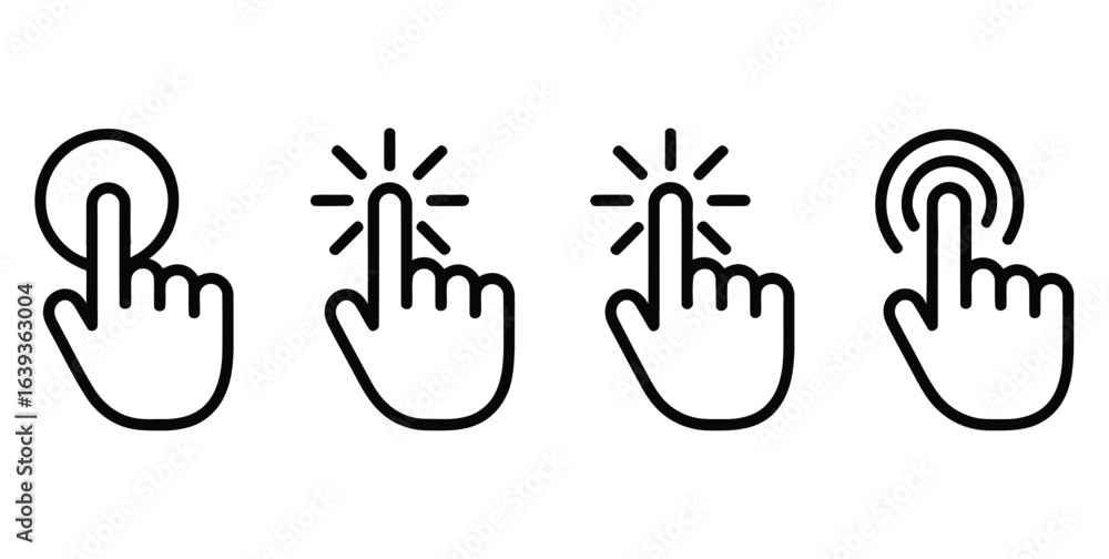 Fototapeta premium Hand Cursor Icon Set, Vector Line Art Showing Tap, Click, and Press Actions for UI Design